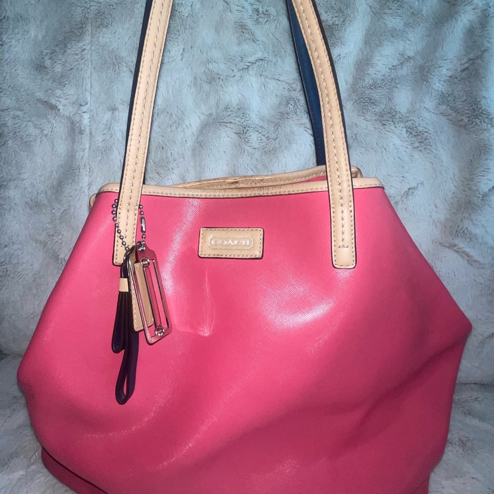 Coach Pink and Tan Tote Bag with Gold Accents